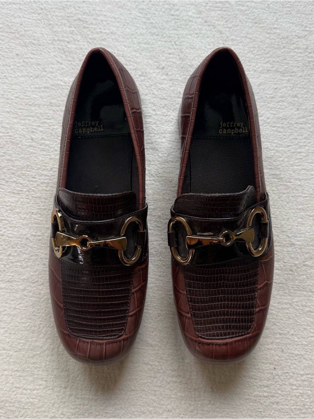 Jeffrey Campbell Student-2 Women’s Brown Croc-Embossed Loafers with Gold Bit - Picture 2 of 7